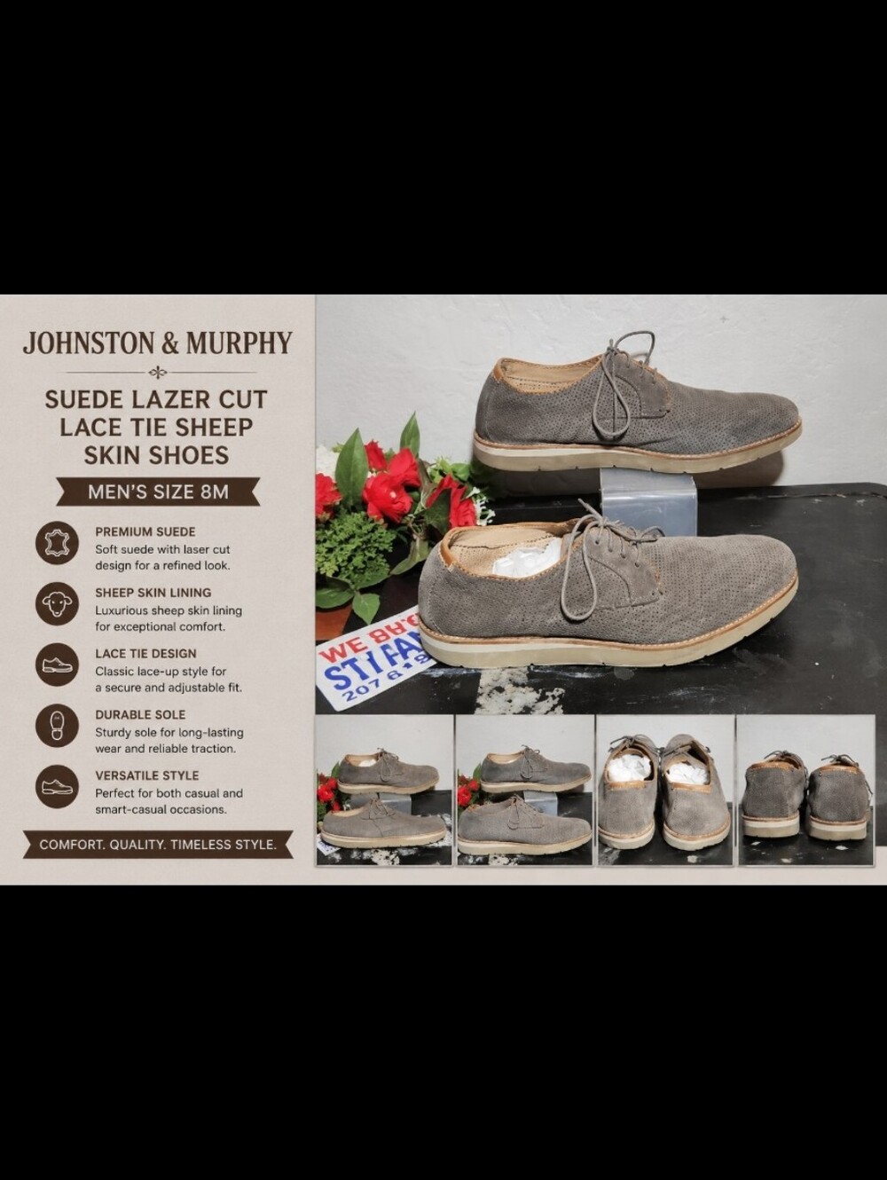 JOHNSON & MURPHY Suede Lazer Cut Lace Tie Sheep Skin Shoes Men's 8M